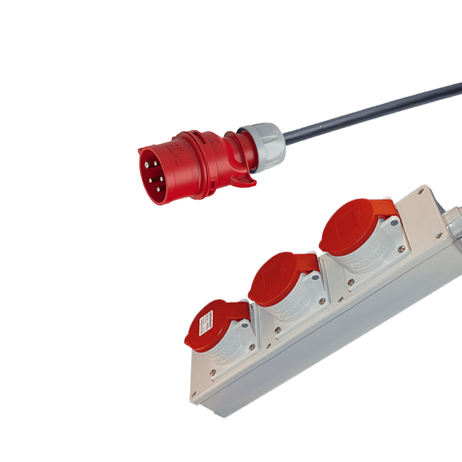 CEE verlengkabel met meervoudigcontactdoos 5p 16A 400V rood