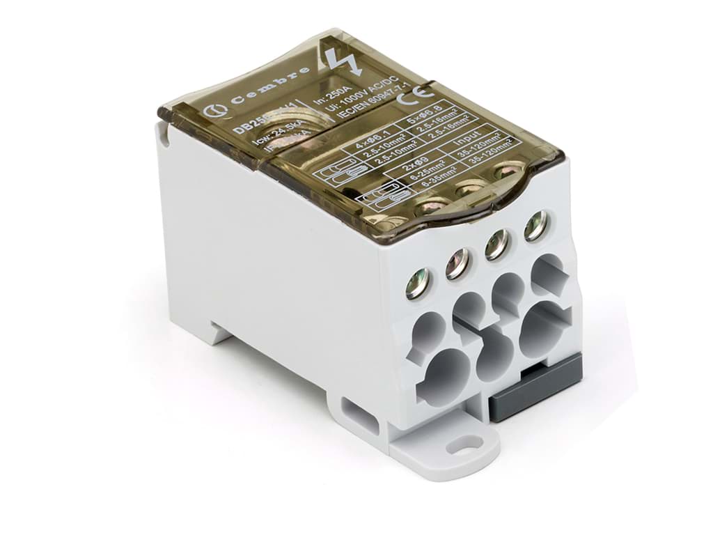 Verdeelblok 1F 250A 35-120 > 2x6-35+5x2.5-16+4x2.5-10 TS35 Cembre