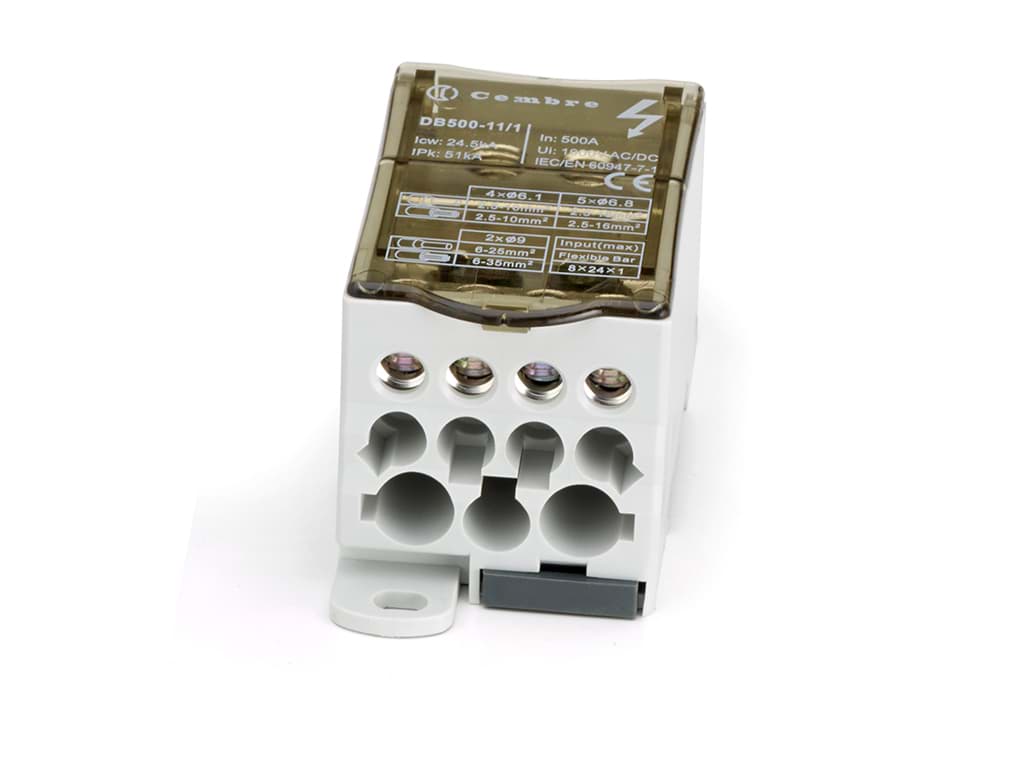 Verdeelblok 1F 500A busbar8x24 > 2x6-35+5x2.5-16+4x2.5-10 TS35 Cembre