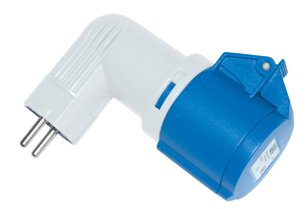CEE adapter schuko randaarde > CEE 3p 16A 230V 6h blauw IP44 haaks PCE