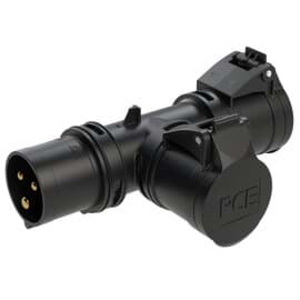 CEE T-adapter 3p 16 230V 6h zwart IP44 male > 2x female PCE