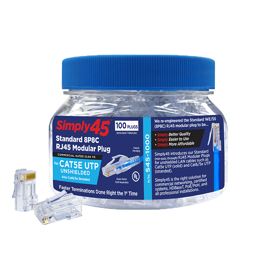 RJ45 CAT5E UTP AWG24/1 AWG28-24/7 dmax=6,5mm BX100 Simply45