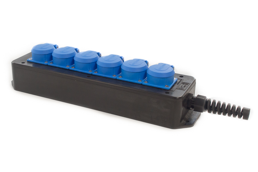 snoercentrale  6-voudig Schuko Plus randaarde klapdeksel blauw rubber