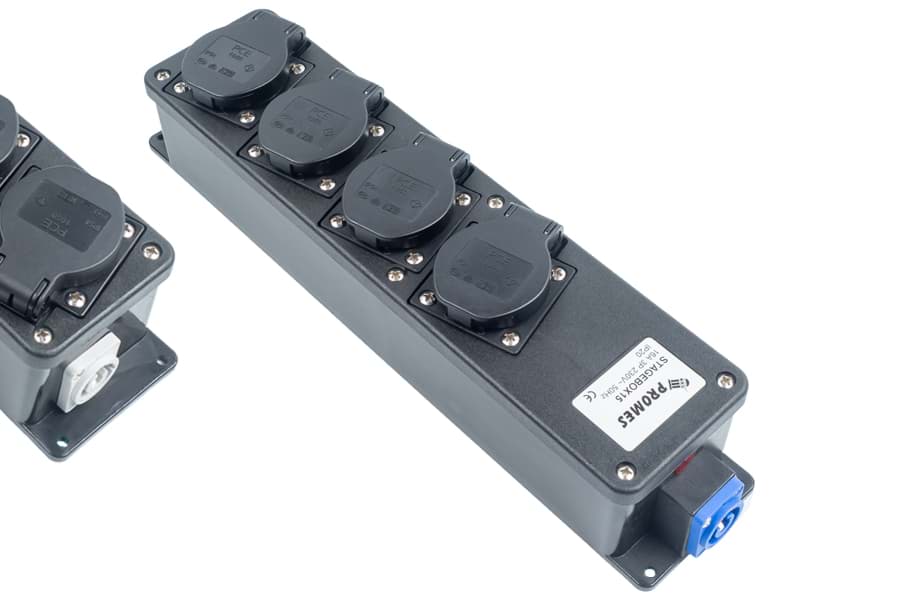 snoercentrale powerCON blauw+grijs > 4xSchuko randaarde zwart +LED