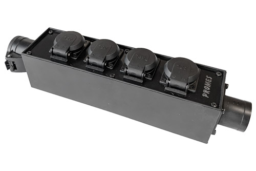 verdeelblok CEE 16A 3p > 4x Schuko 2p+ra > CEE 16A 3p