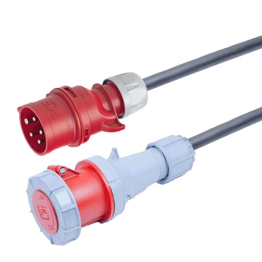 verloopkabel H07RNF 6mm2 CEE 5 pin 32A > 5 pin 63A rood PCE 20m