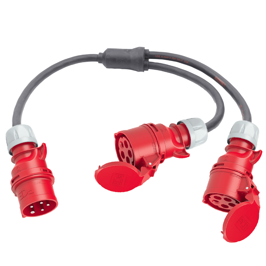 Y-splitter H07RNF 6mm2 CEE 5p 32A 0,5m>2xCEE 5 pin 32A 0,5m rood PCE
