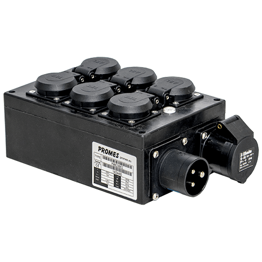 verdeelblok CEE 3p 16A +doorlus > 6xSchuko +LED [zwart]