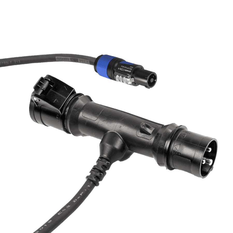 T-splitter CEE 16A 3p 230V in-uit > H07RNF 3G2,5 1,0m powerCON blauw