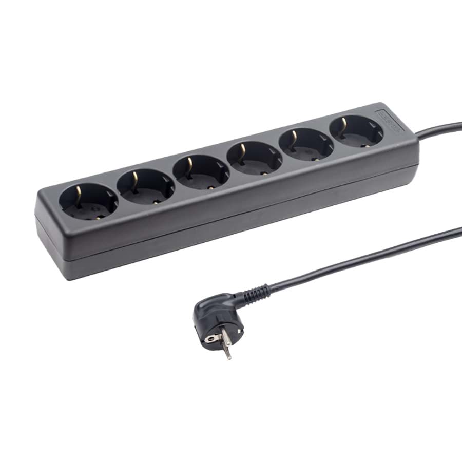 contactdoos randaarde  6v90gr zwart snoer 5,0m stekker-haaks RA+BF