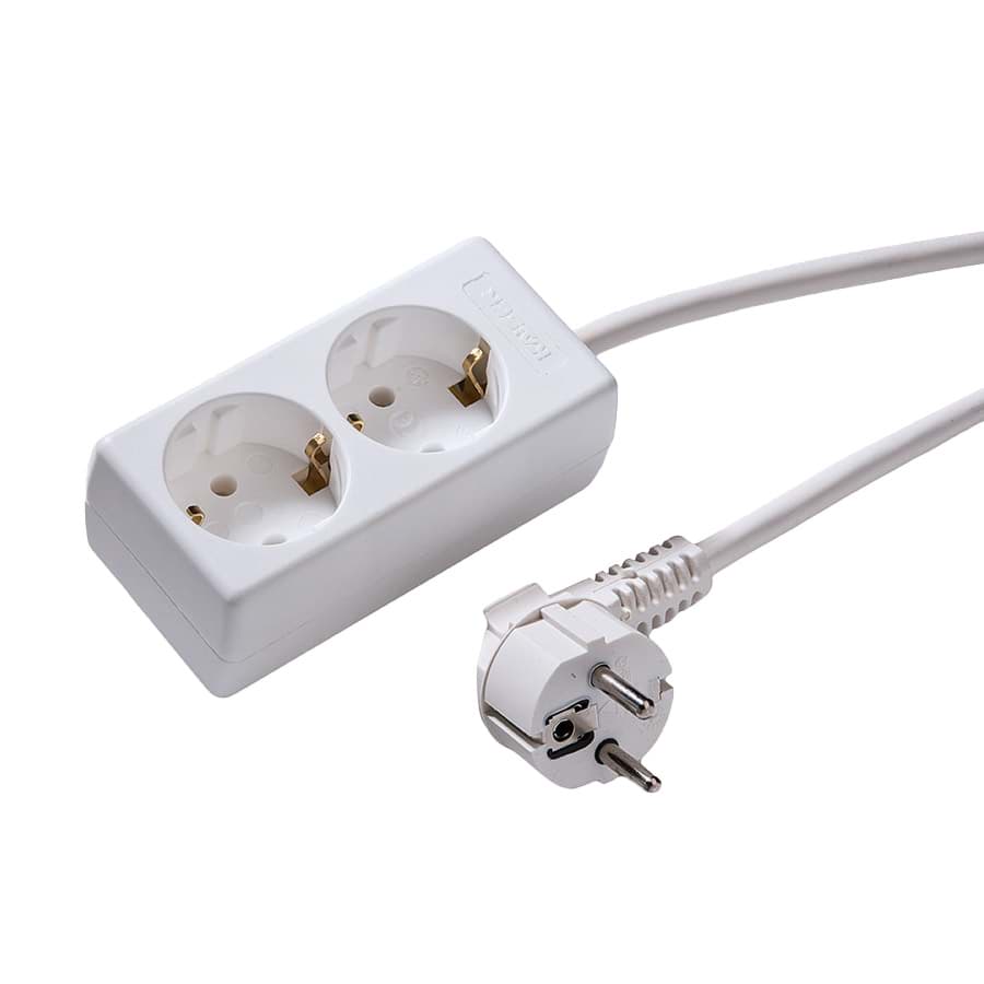 contactdoos randaarde  2v wit snoer 1,5m stekker-haaks RA/bus