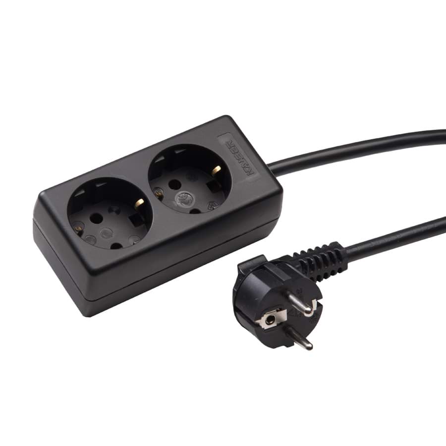 contactdoos randaarde  2v zwart snoer 1,5m stekker-haaks RA/bus