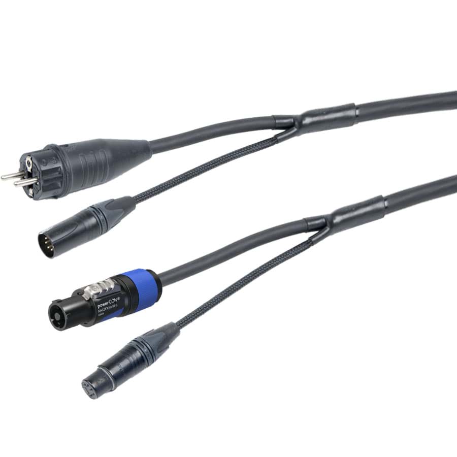 combi Power+DMX 1,5mm2 Schuko>powerCON 20A + XLR5-1p zwart  1,0m d15mm