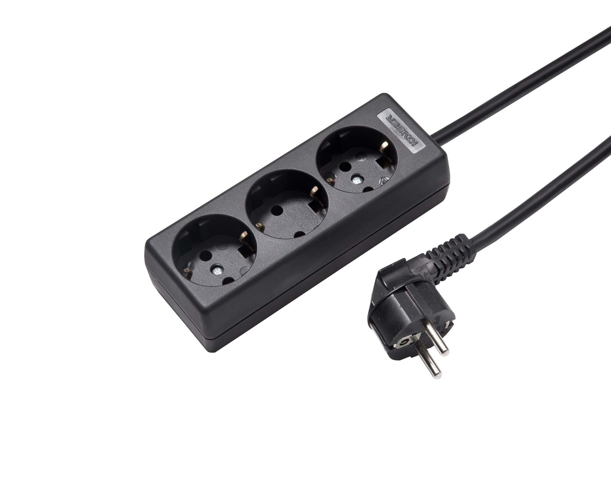 contactdoos randaarde  3v zwart snoer 3,0m stekker-haaks RA/bus